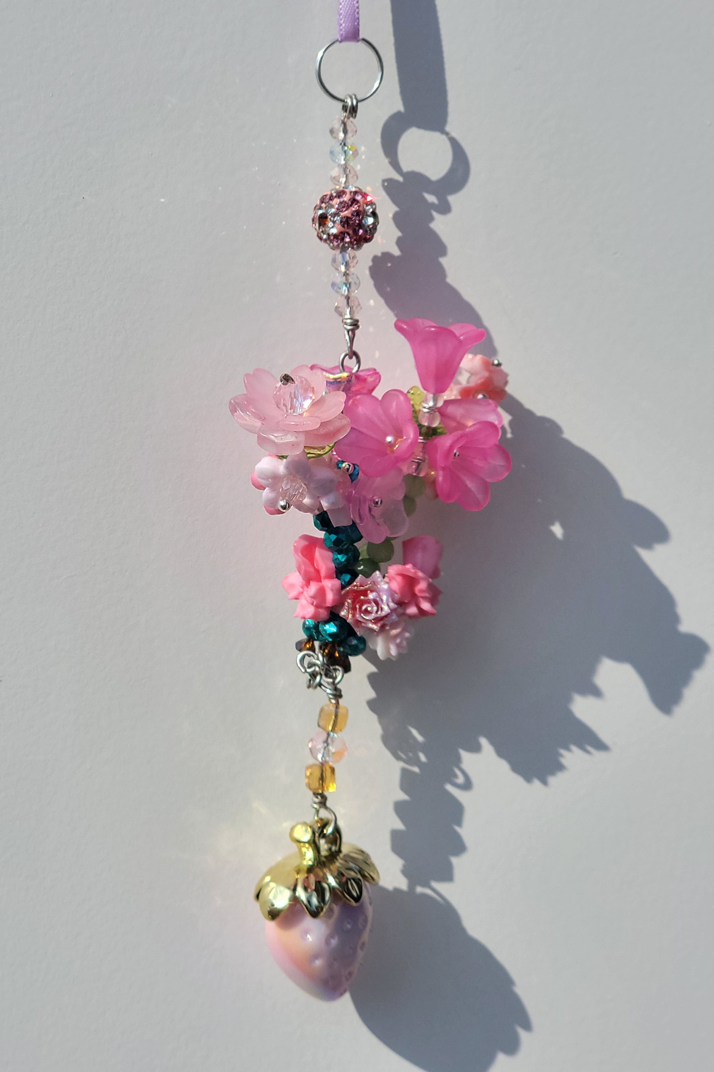 Pink Bouquet Keychain with Strawberry Charm