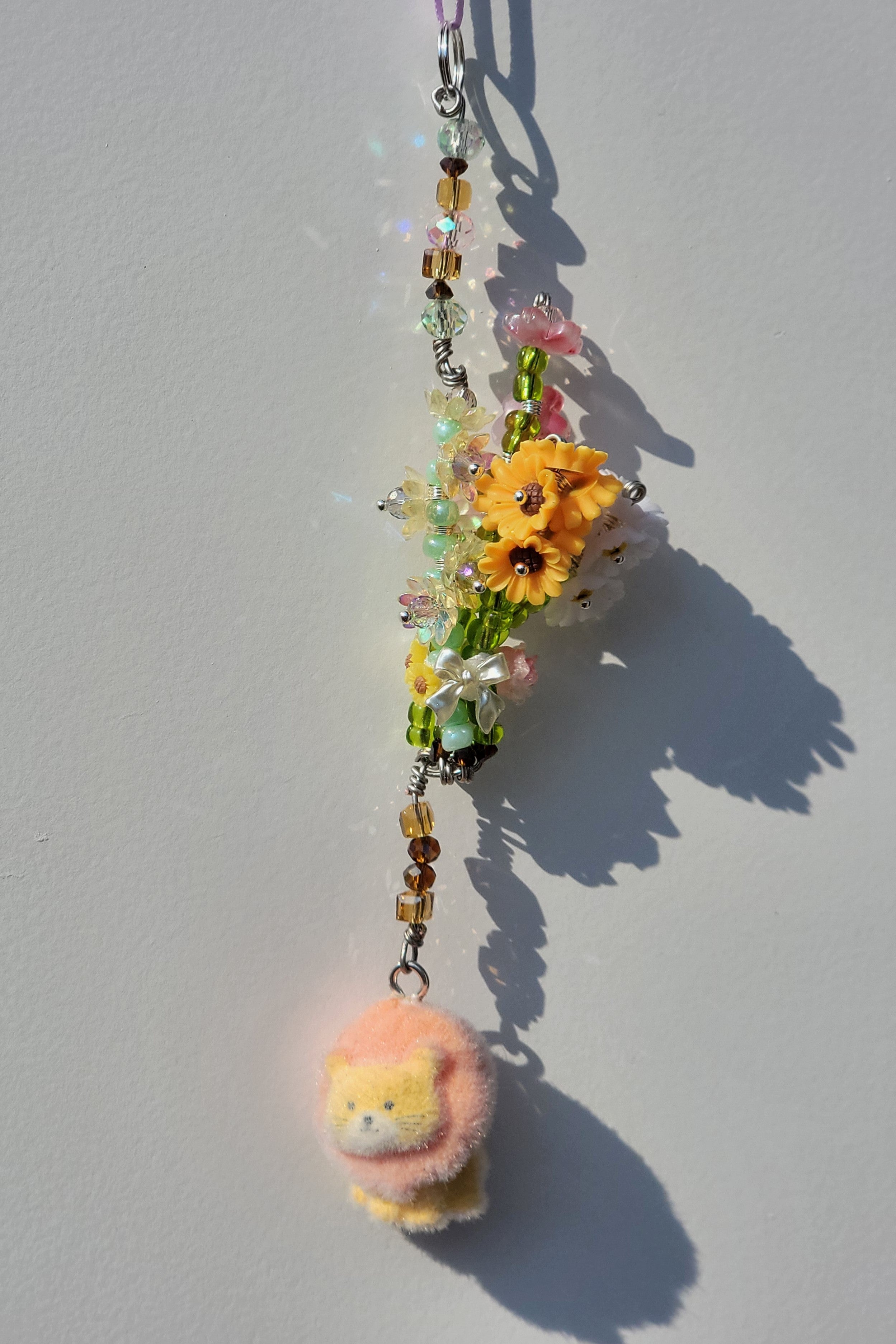 Sunflower & White Flower Bouquet Keychain with Lion Charm