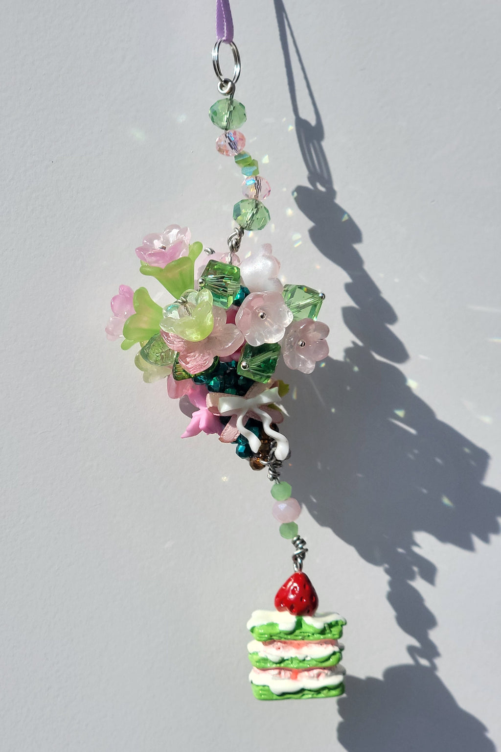 Green & Pink Flower Bouquet Keychain with Strawberry Matcha Cake Charm