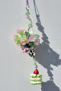 Green & Pink Flower Bouquet Keychain with Strawberry Matcha Cake Charm