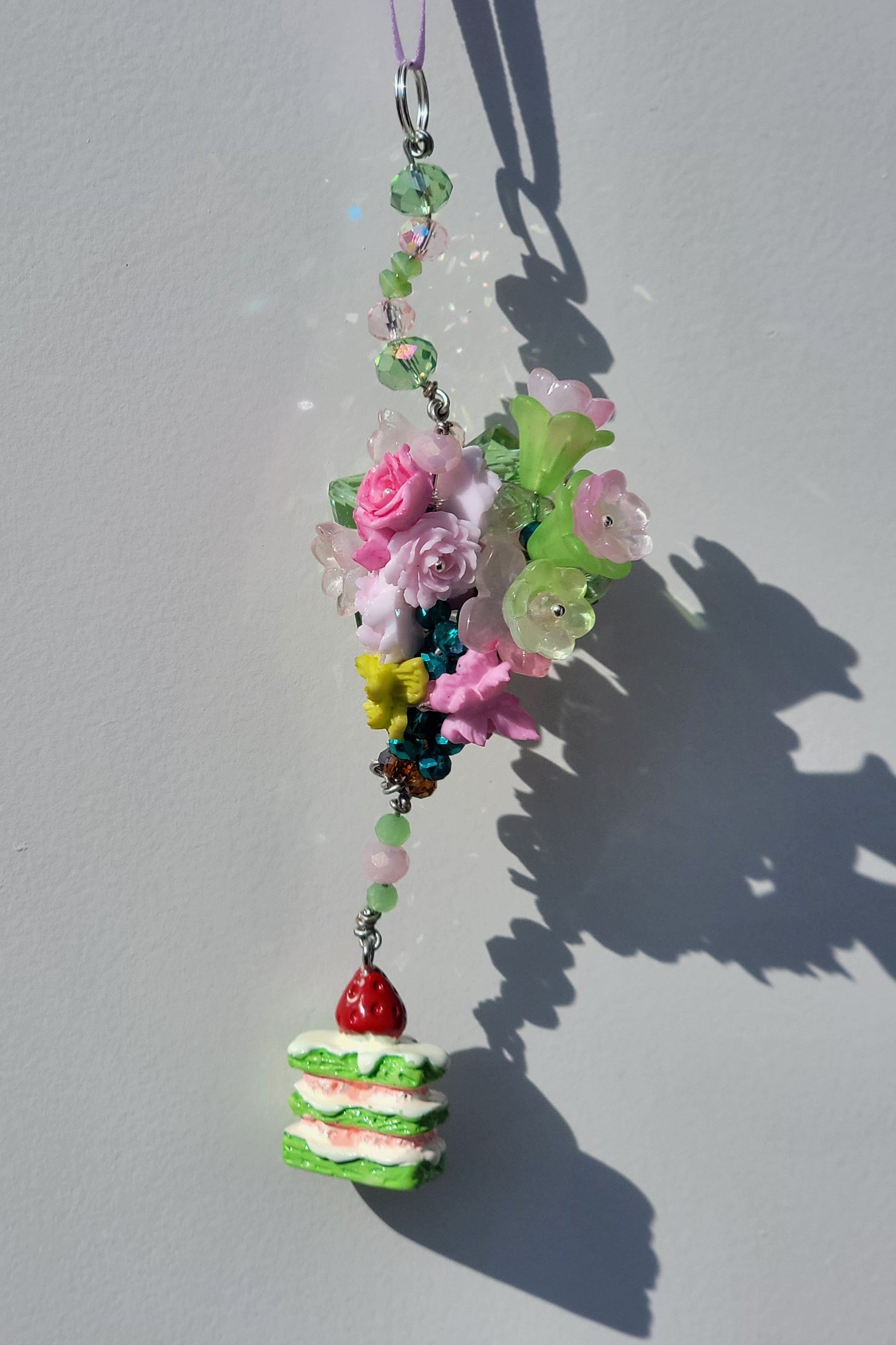 Green & Pink Flower Bouquet Keychain with Strawberry Matcha Cake Charm