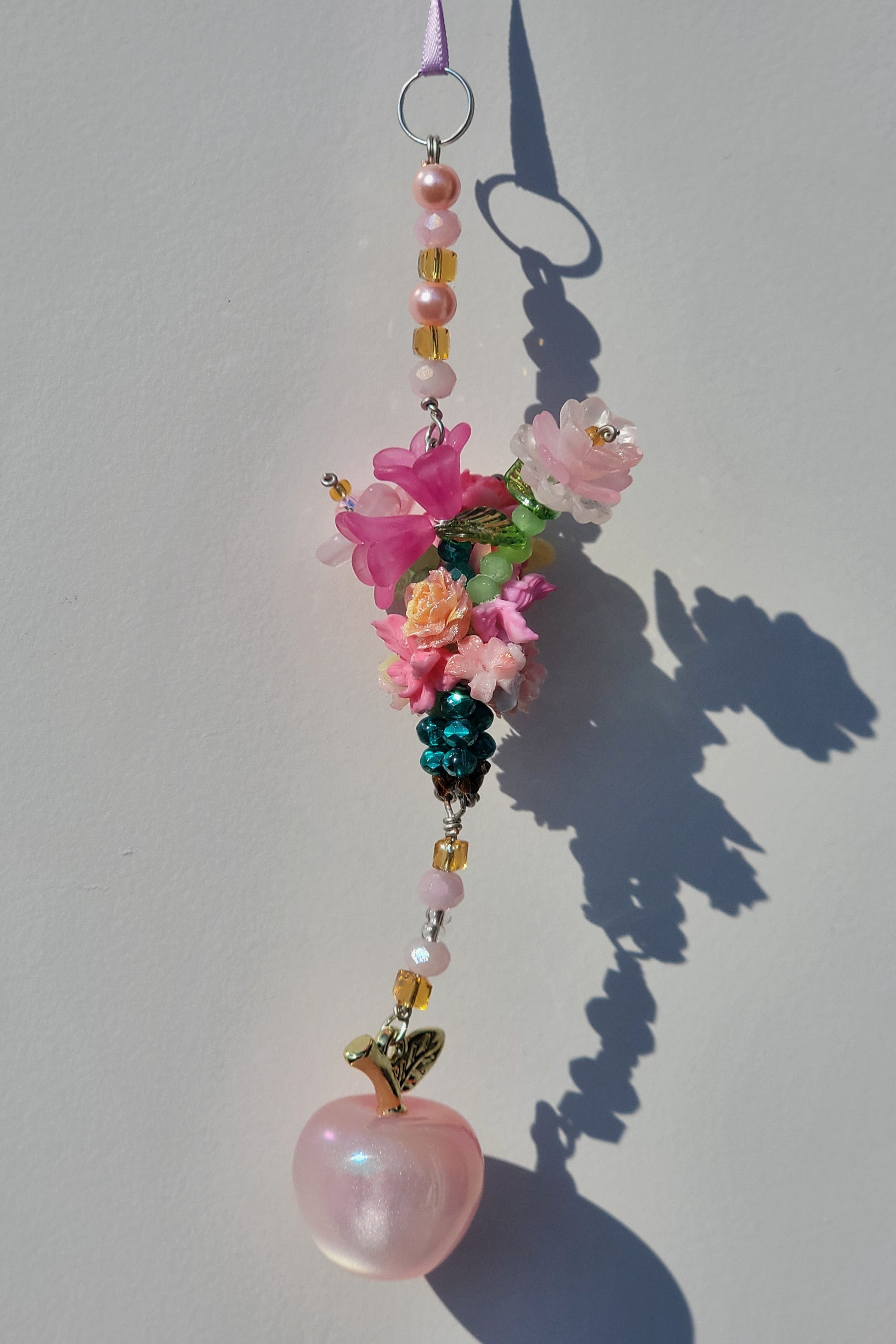 Pink Flower Bouquet Keychain with Shiny Pink Apple Charm