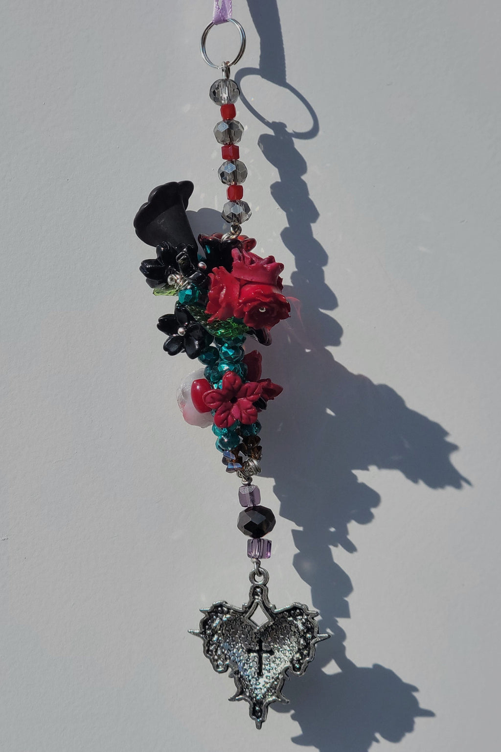 Dark Gothic Flower Bouquet Keychain with Sacred Heart Charm