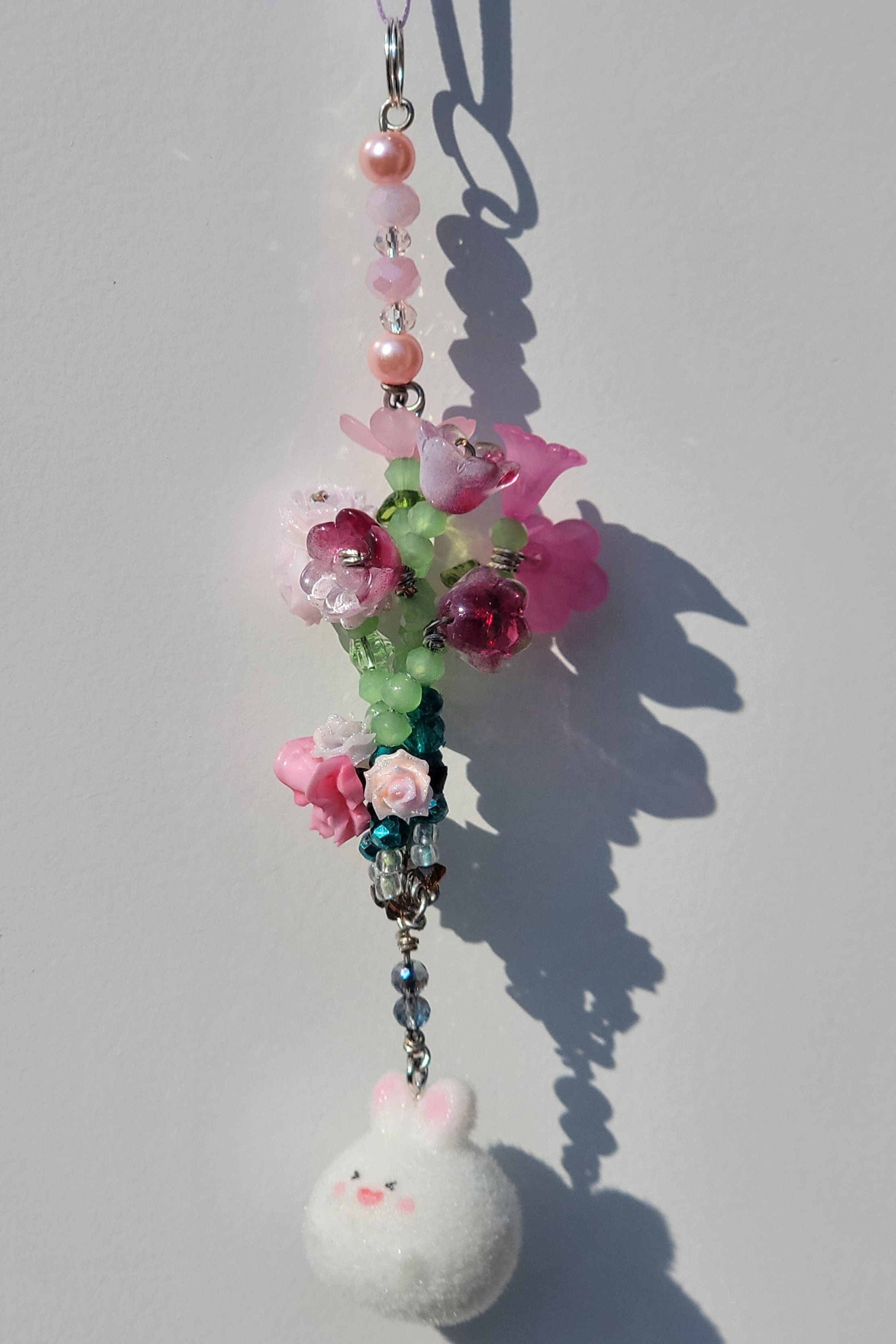 Pink Flower Bouquet Keychain with Chubby Bunny Charm