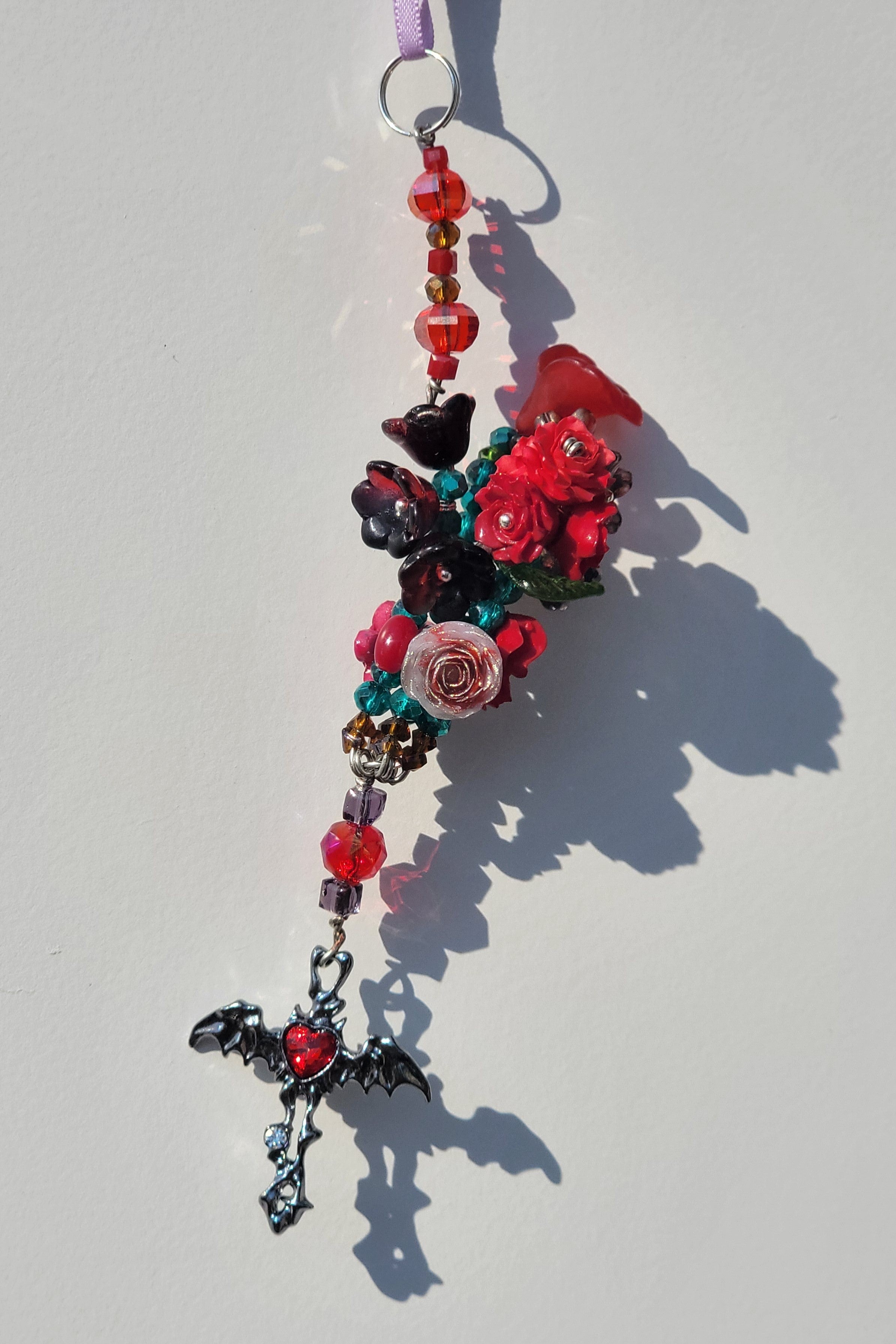 Dark Gothic Flower Bouquet Keychain with Vampire Bat Cross Charm