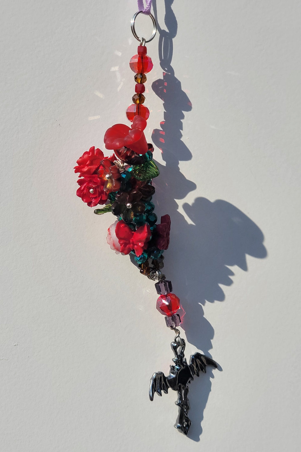 Dark Gothic Flower Bouquet Keychain with Vampire Bat Cross Charm