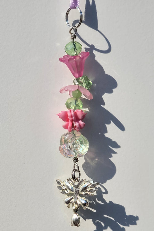 Dainty Bead Flower Keychain with Crystal Butterfly Charm