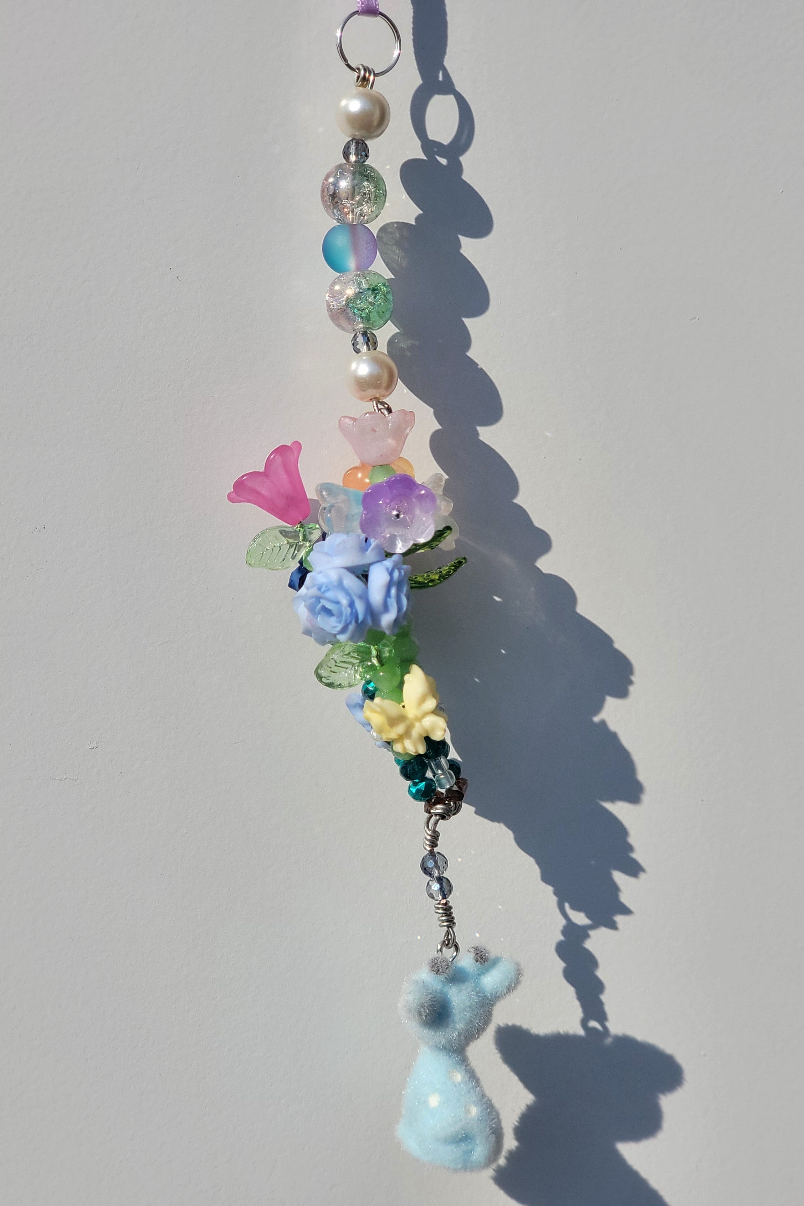 Rainbow Flower Bouquet Keychain with Cute Blue Giraffe Charm